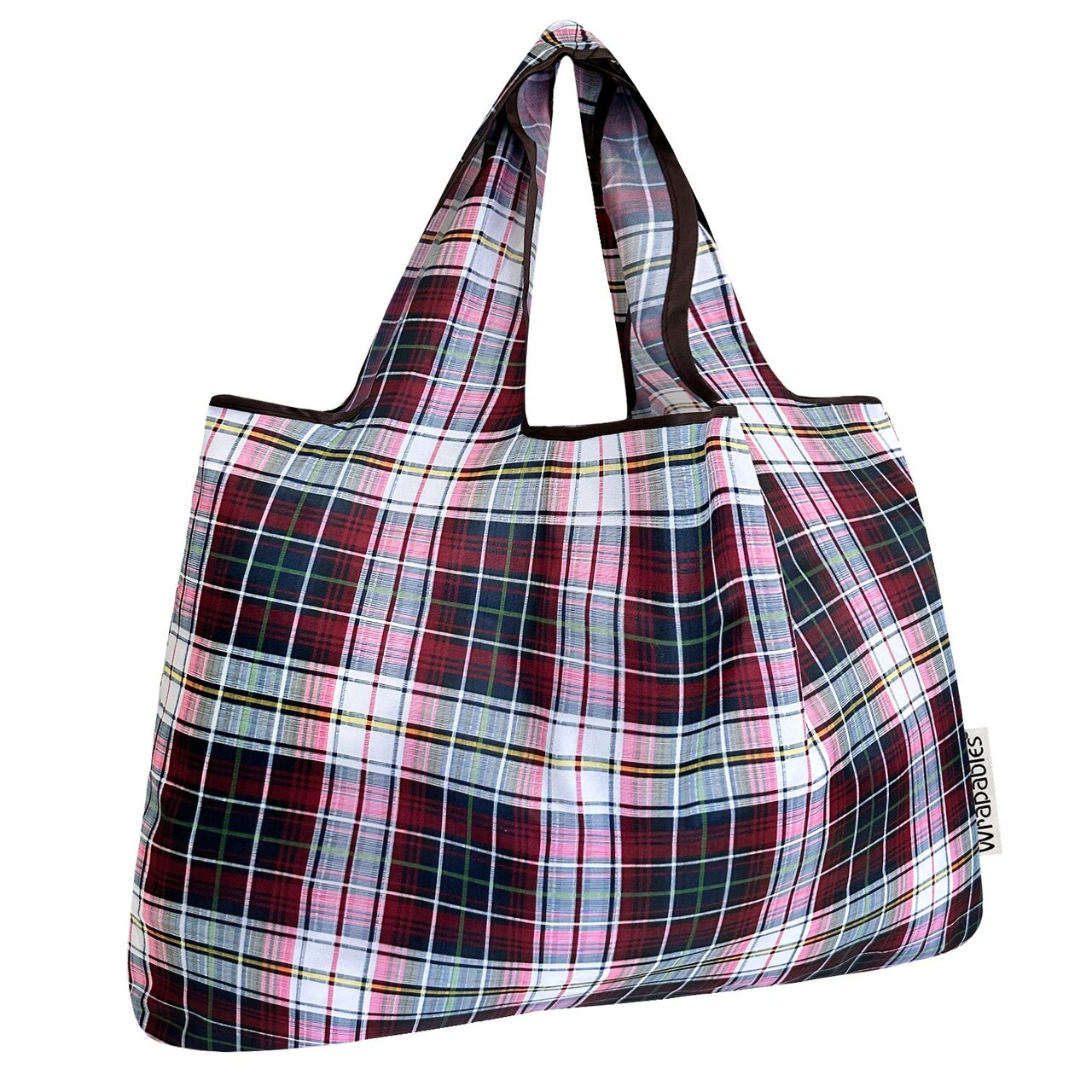 Wrapables Large Foldable Tote Nylon Reusable Grocery Bags, Red Plaid
